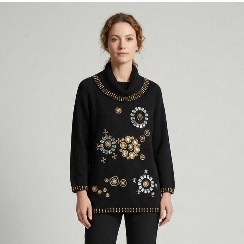 Victoria Harbour Black Beaded Rhinestone Cowl Neck Tunic Sweater Small C0029‎